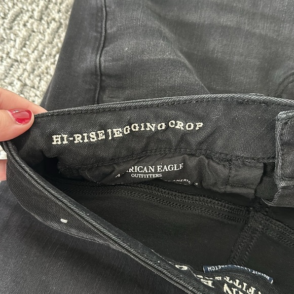Unique Black Denim American Eagle Jeans with Fringed Bottom, Hi-Rise Jegging - Picture 6 of 7